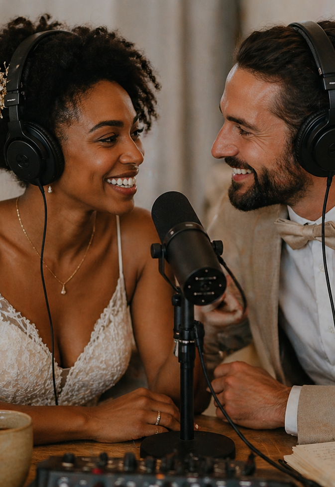 Couple enregistrant un podcast mariage
